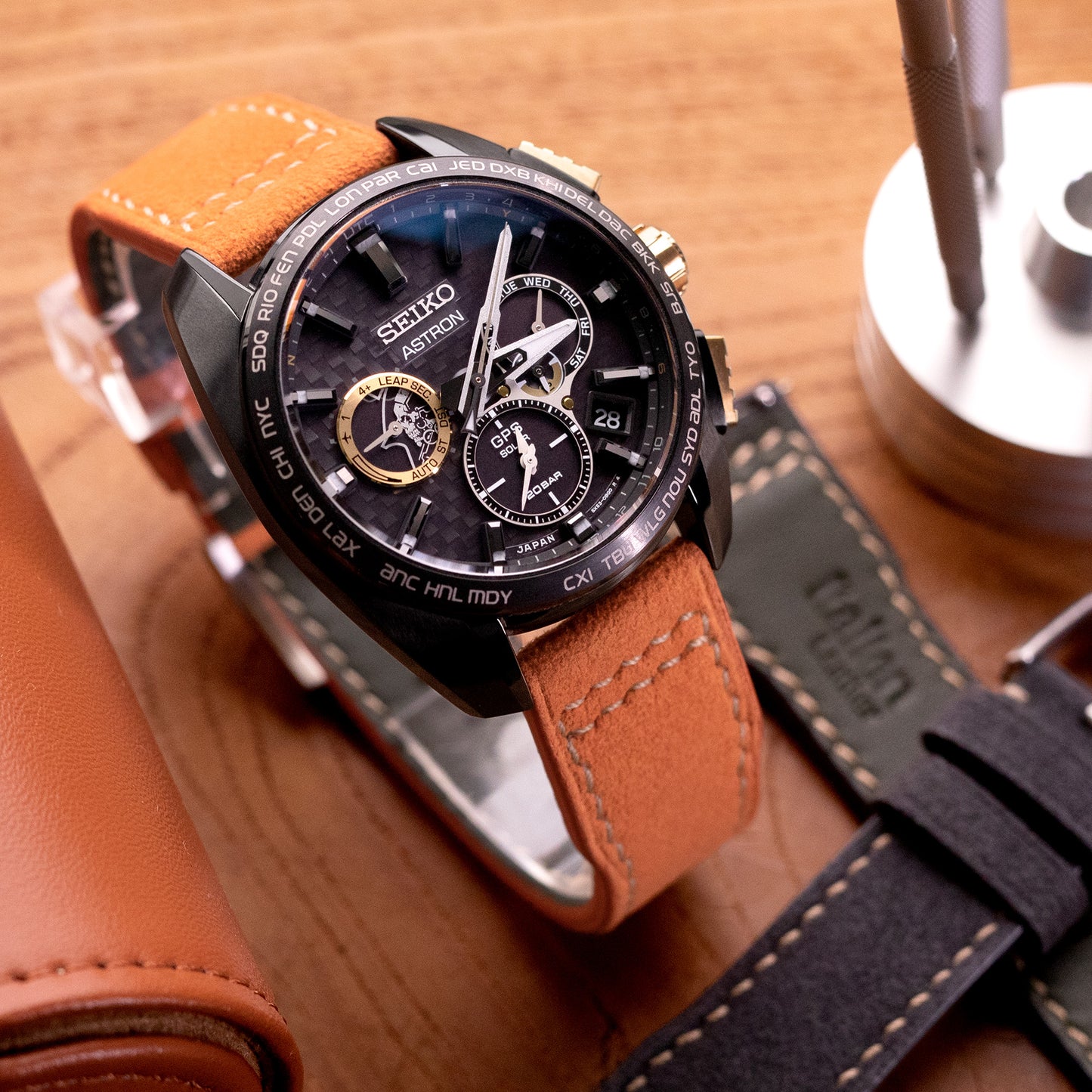 Orange Alcantara Fabric Quick Release Watch Band, Beige Stitch.