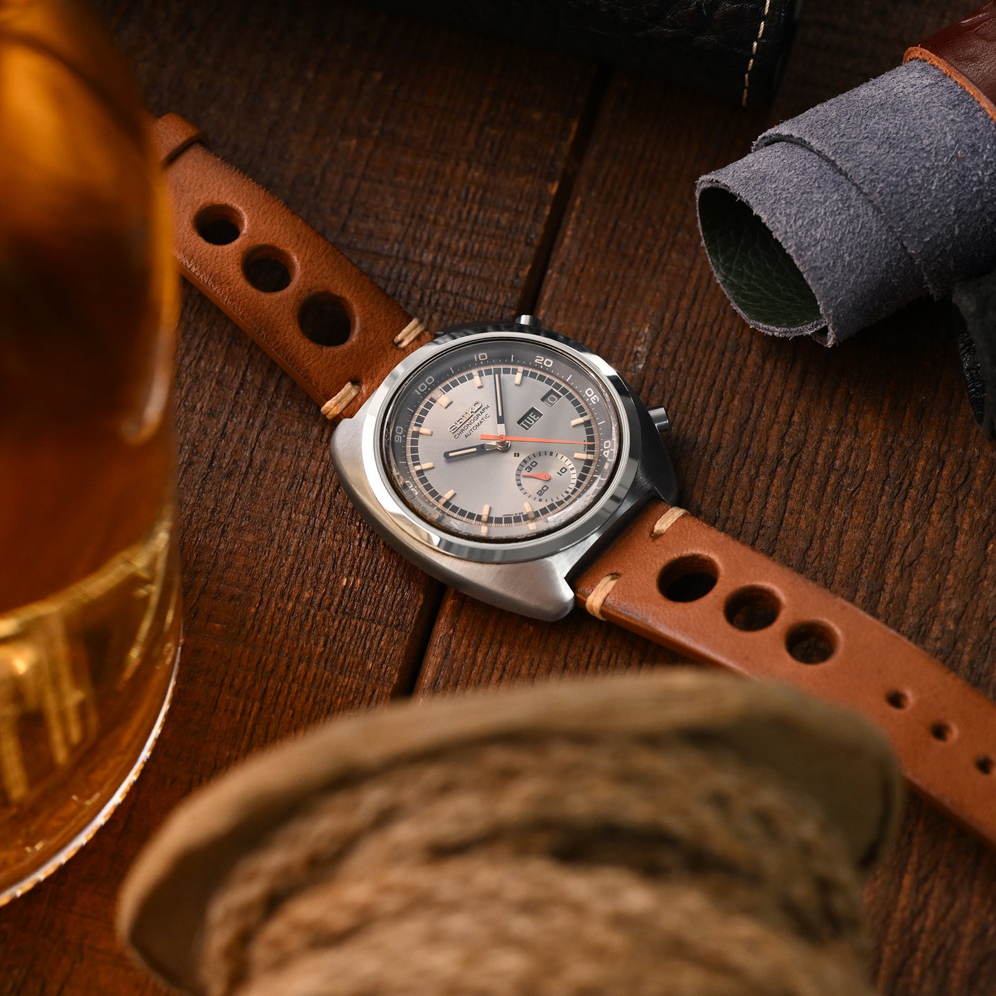 Q.R. Brown Leather Italian Handmade Racer strap, Beige St.