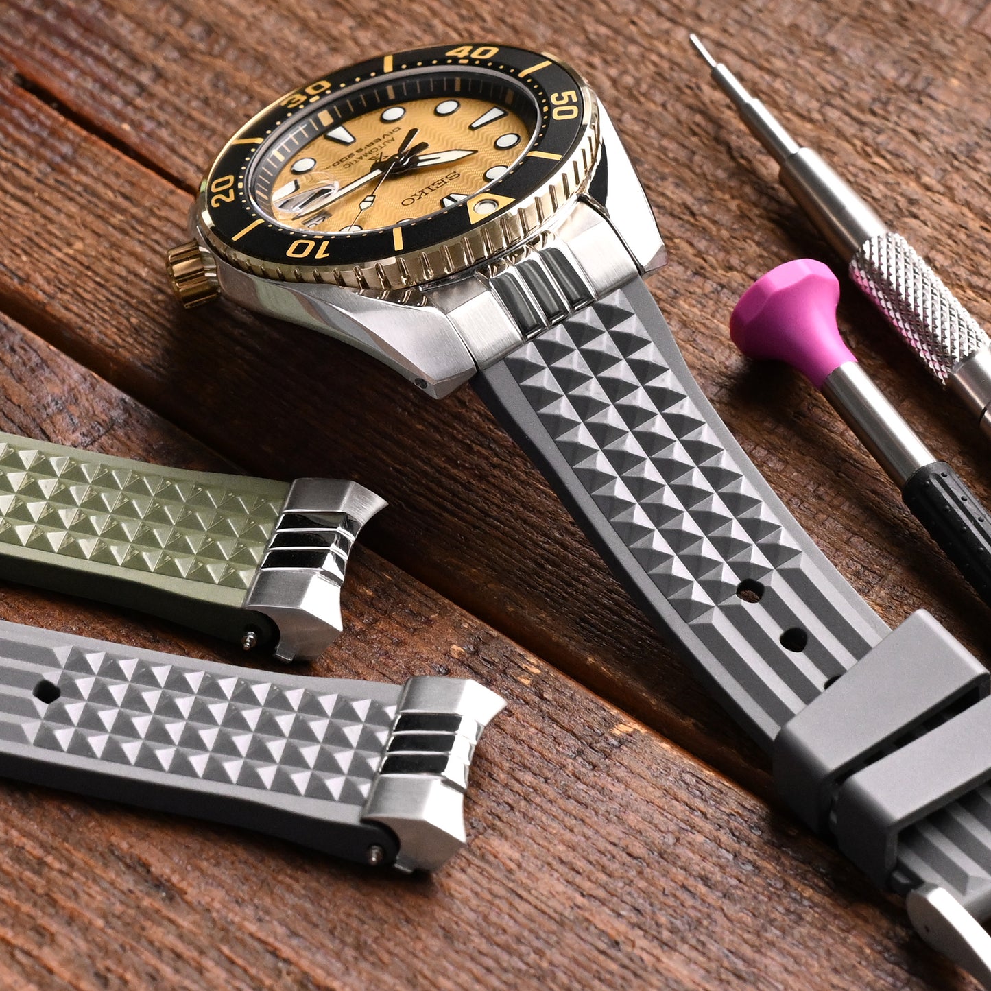 Chaffle Military Grey FKM Rubber + Add-on End Piece watch strap compatible with Seiko Sumo SPB103