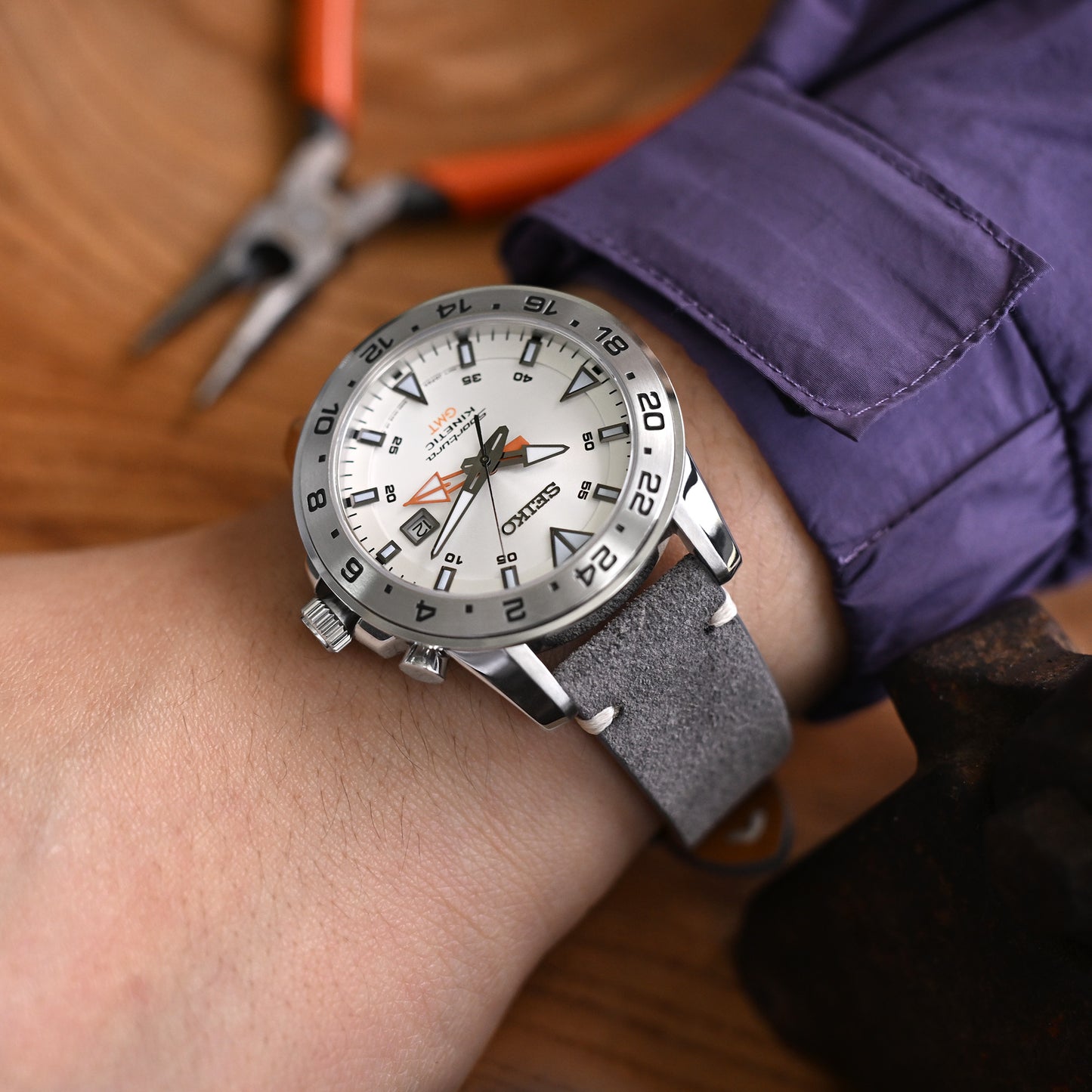 MiLTAT Q.R. Grey Suede Suede Leather Watch Band, Beige Stitch.