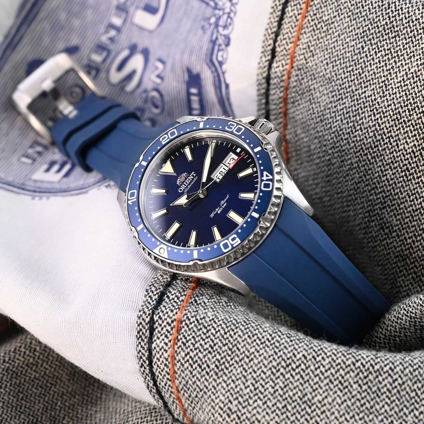 Q.R. Navy Blue Wheels FKM Watch Band for Orient Kamasu