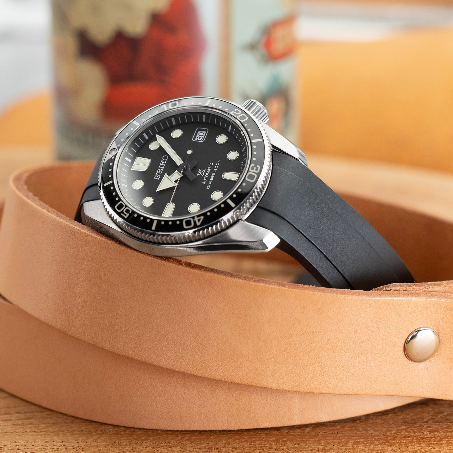 Black Curved End Rubber Strap compatible with Seiko MM200 & Mini Turtle