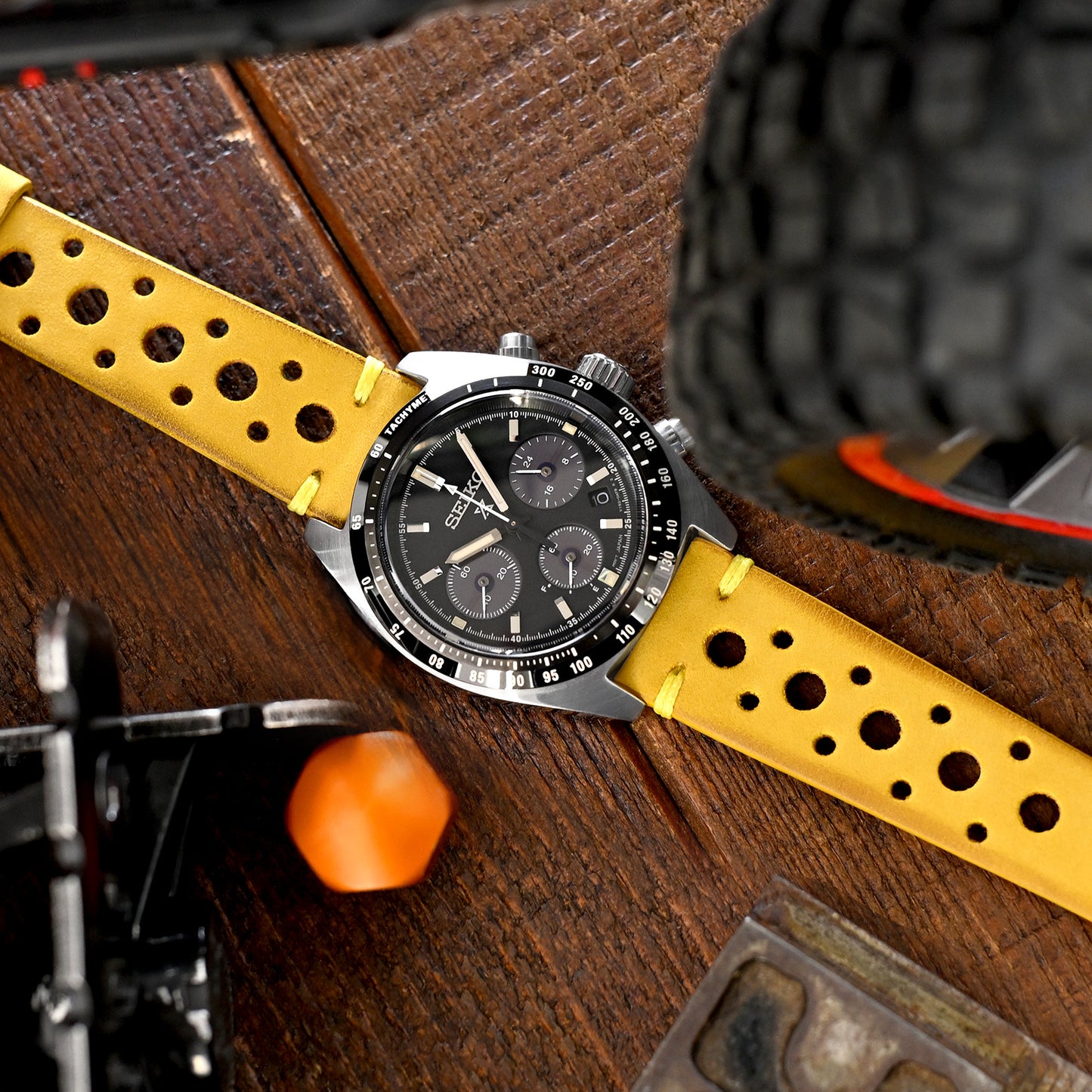 20mm Yellow Racer Italian Handmade Leather Strap, Polished