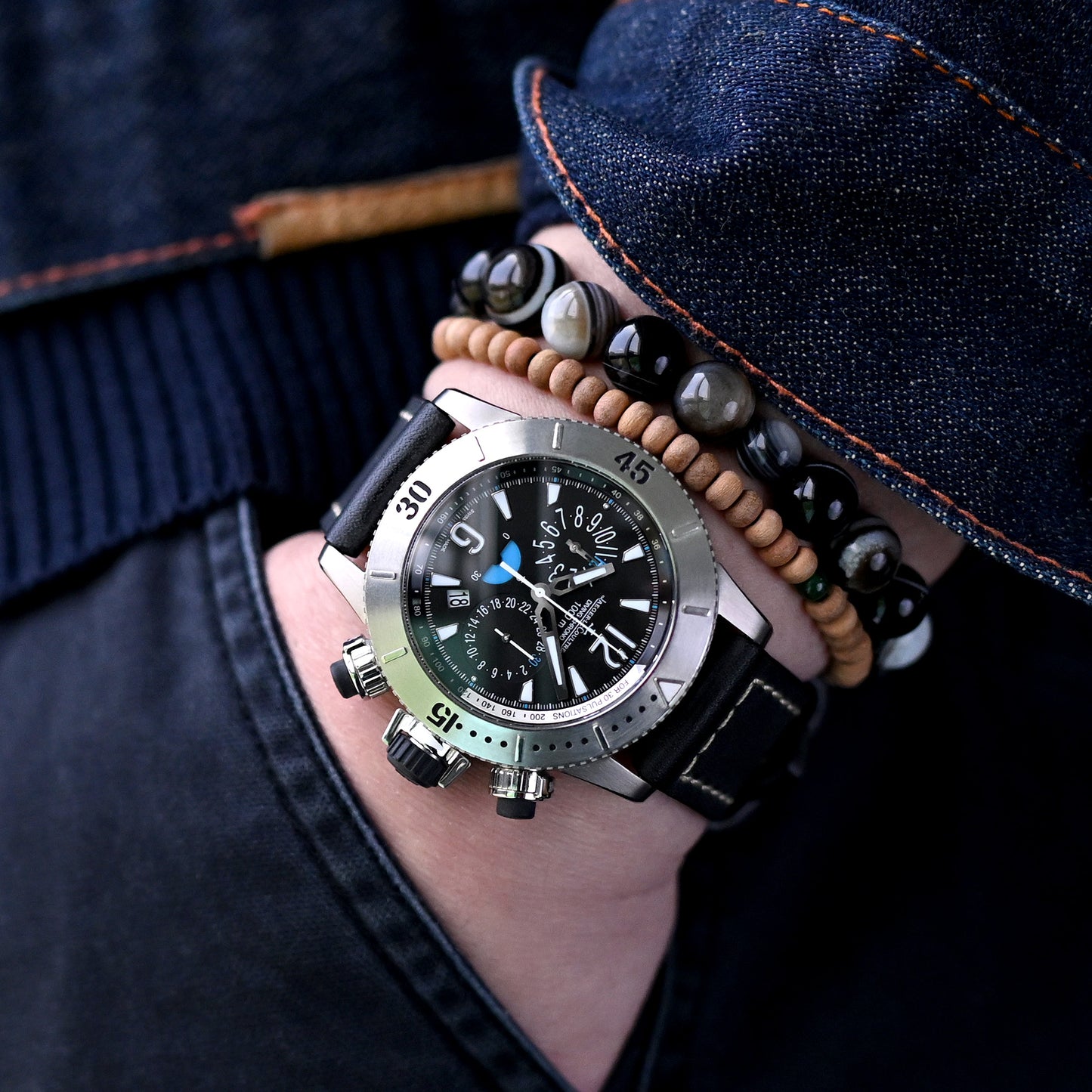 Pam Collection, Black French Crafted Barenia Leather Strap for Panerai, Beige Stitch.
