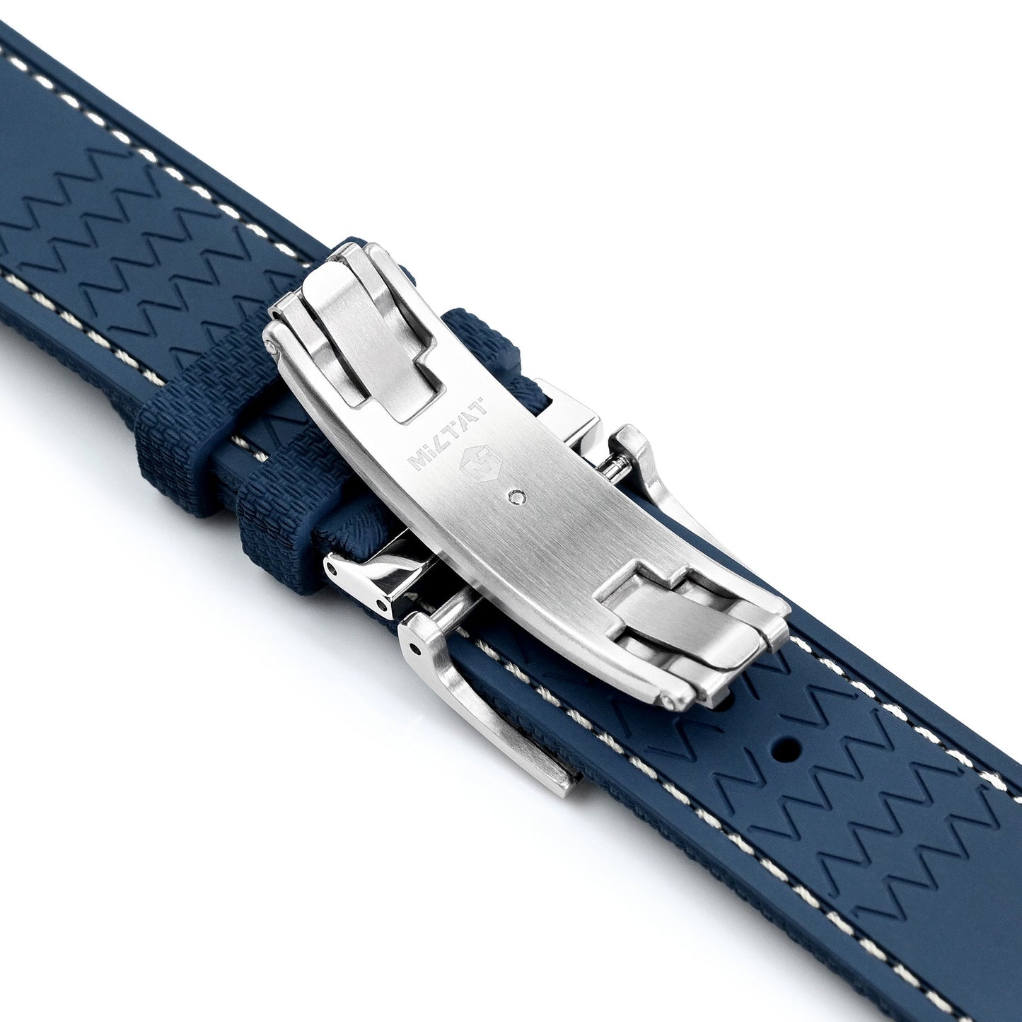 FKM39 Navy Blue Deployment FKM Rubber Watch Band Beige Stitch,