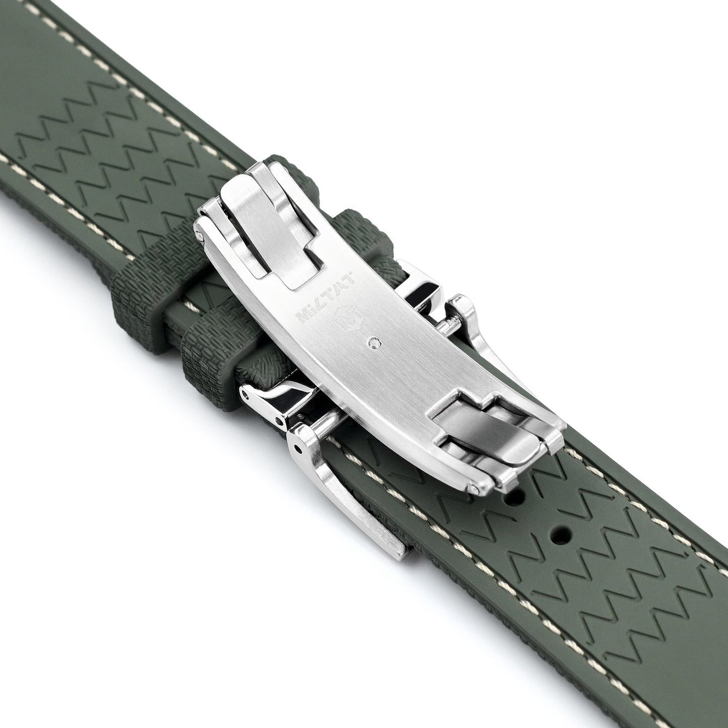 FKM39 Green Deployment FKM Rubber Watch Band Beige Stitch, 20mm or 23mm