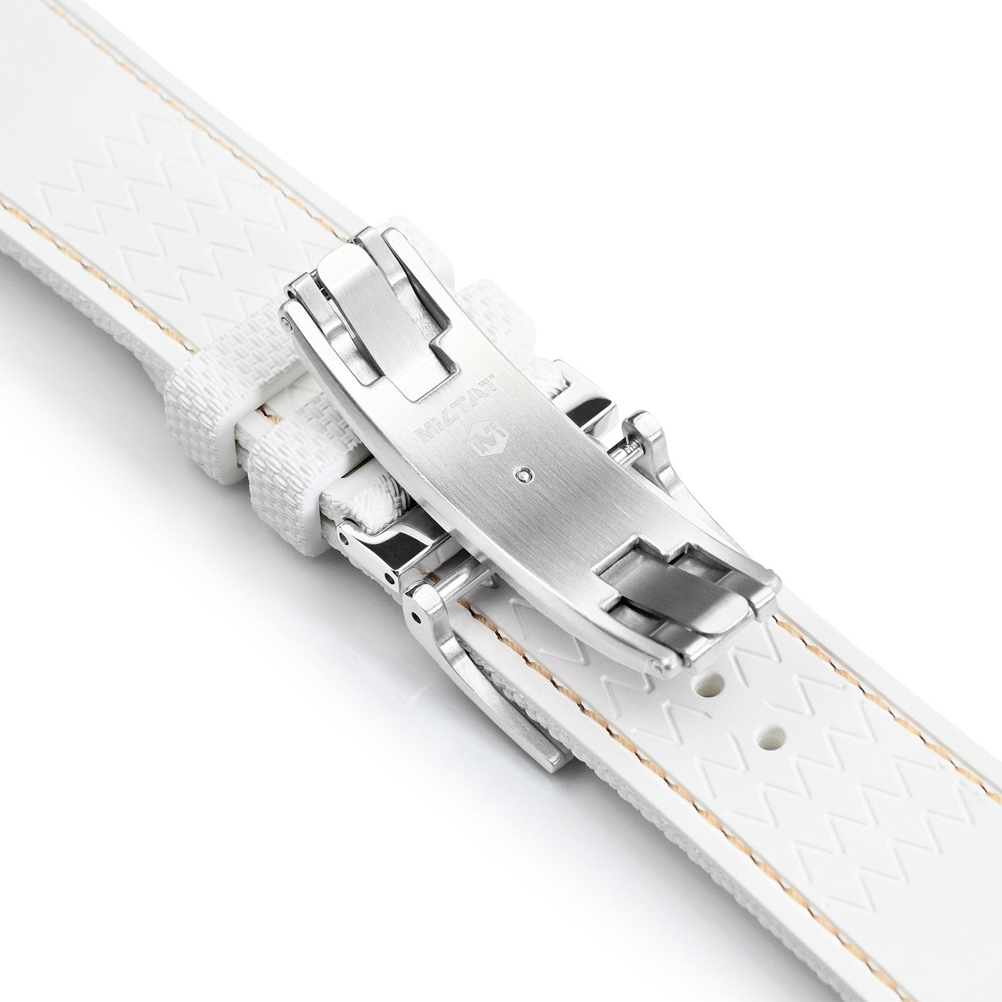 FKM39 White Deployment FKM Rubber Watch Band Beige Stitch, 18-23mm