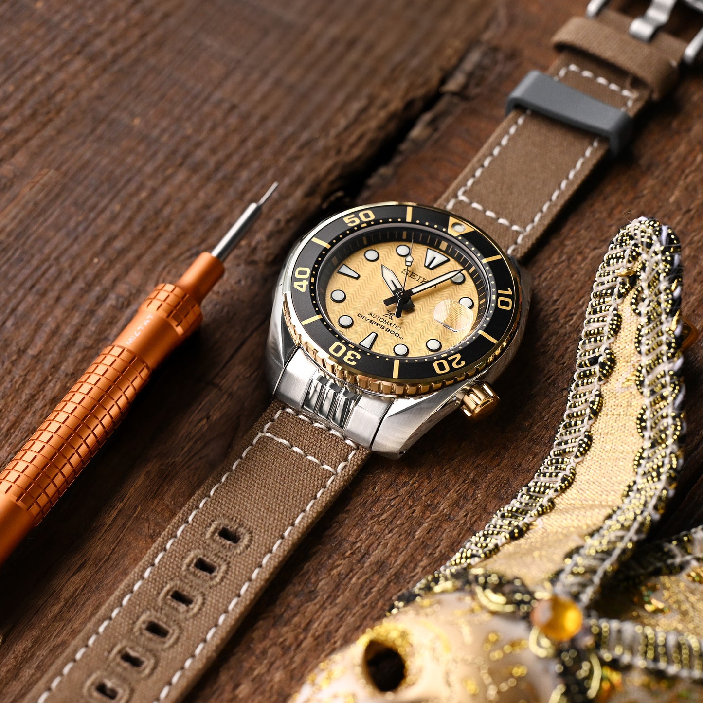 Tan Quick Release Canvas + Add-on End Piece watch strap compatible with Seiko Sumo SPB103