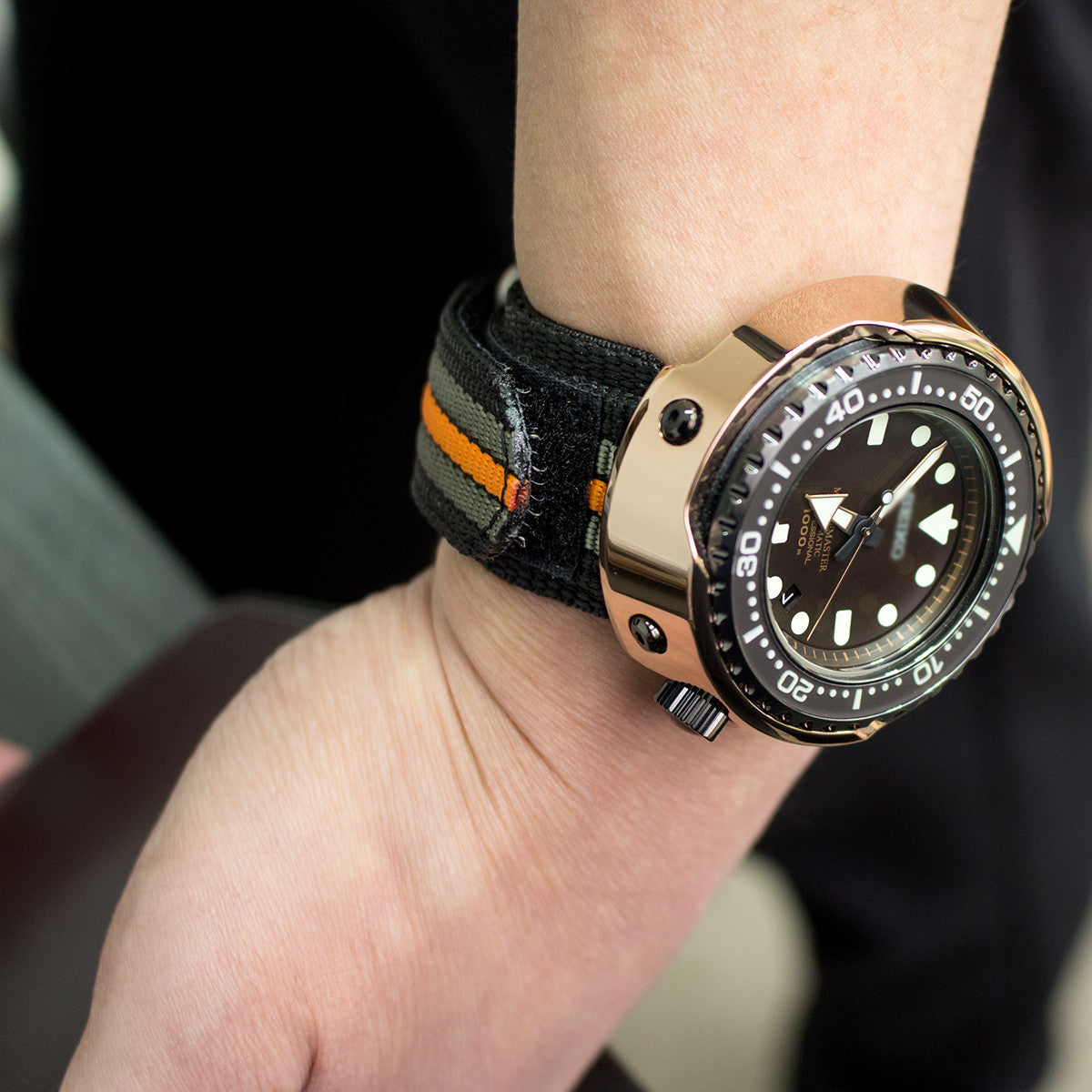 Black, Khaki & Orange 3D Nylon Hook and Loop Fastener Watch Strap, Sandblasted