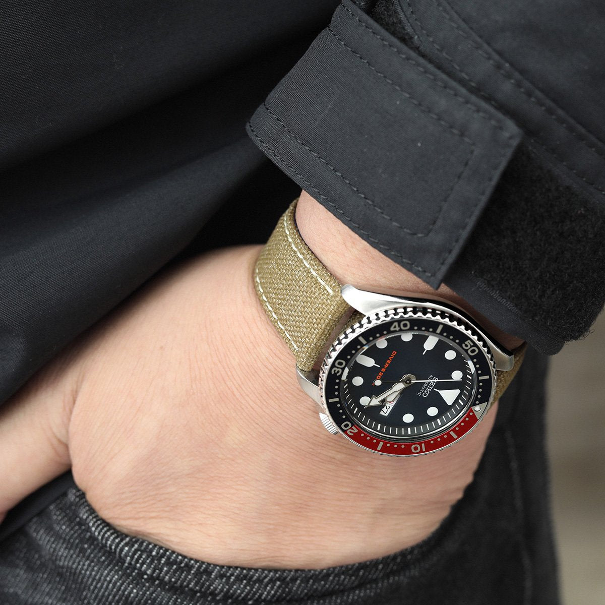 20mm or 22mm Khaki Canvas Watch Band Brushed Roller Deployant Buckle, Beige Stitching