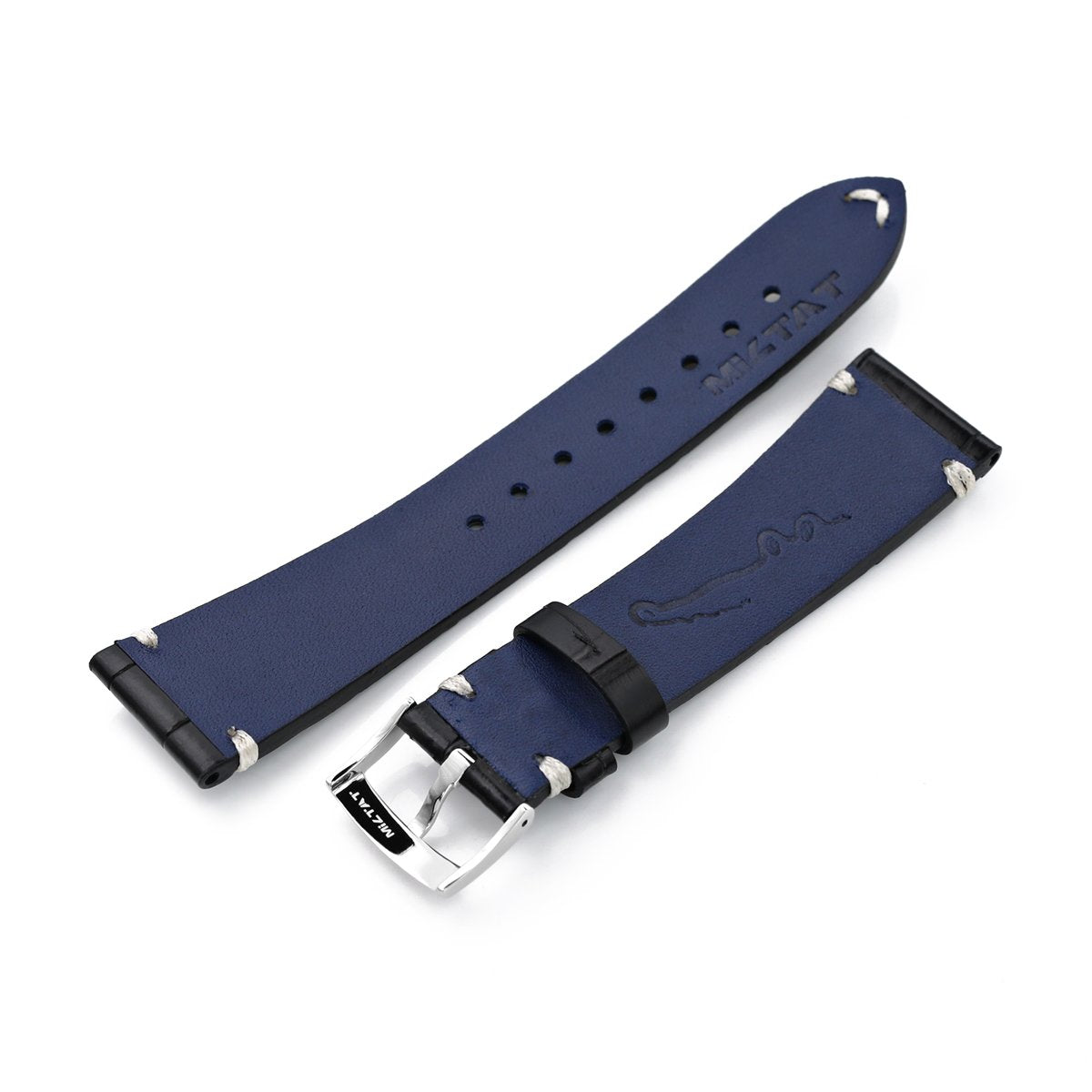 20mm, 21mm or 22mm MiLTAT Genuine American Alligator Square Scale, Semi Matte Black Watch Strap