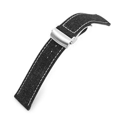 20mm or 22mm Black Canvas Watch Band Brushed Roller Deployant Buckle, Beige Stitching