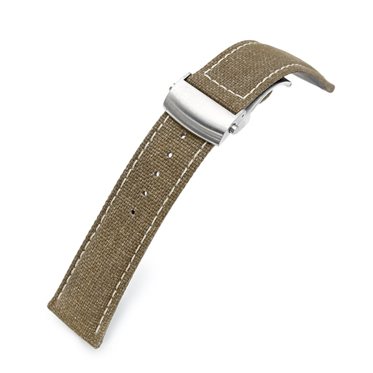 20mm or 22mm Khaki Canvas Watch Band Brushed Roller Deployant Buckle, Beige Stitching