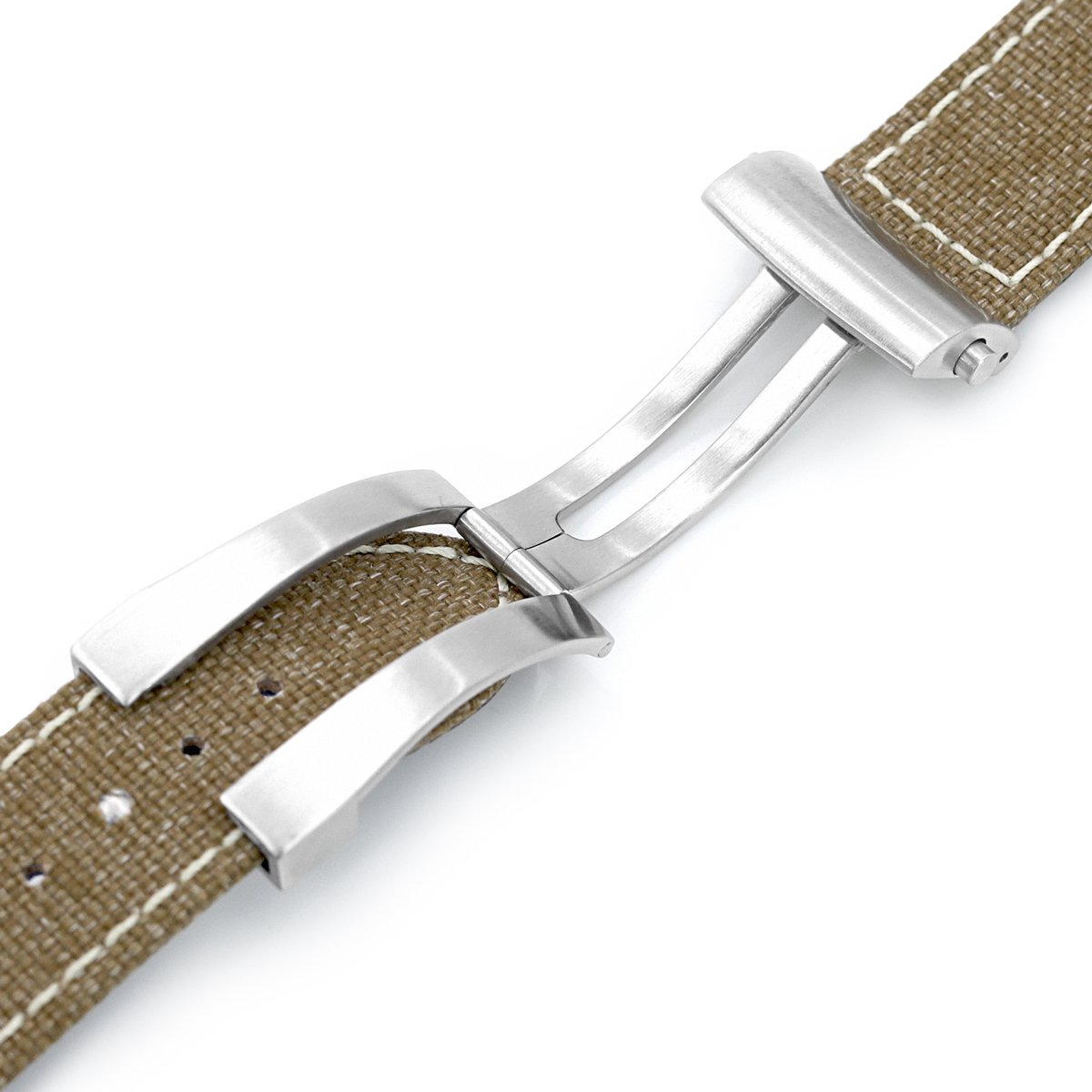 20mm or 22mm Khaki Canvas Watch Band Brushed Roller Deployant Buckle, Beige Stitching