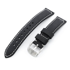 MiLTAT 20mm Matte Black Nubuck Leather Watch Strap, Beige Stitching