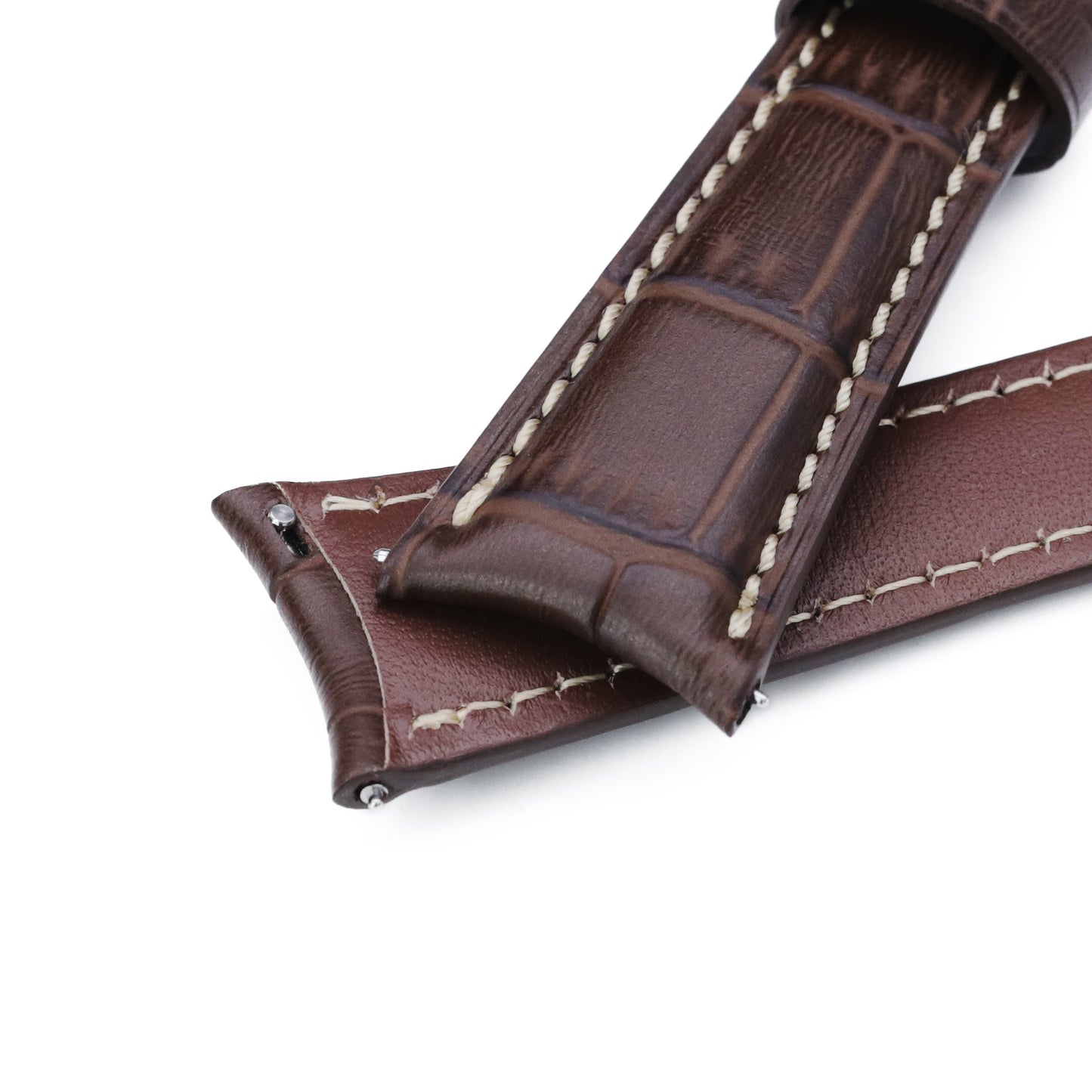 Q.R. 19mm or 21mm Dark Brown CrocoCalf (Croco Grain) Semi-Curved Watch Band, Beige Stitch.