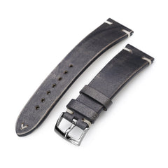 Q.R. 22mm Vintage Black Italian Handmade Leather Watch Strap, Khaki Stitching