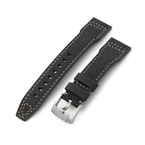Charcoal Black Alcantara Fabric Quick Release Watch Band, Beige Stitch.