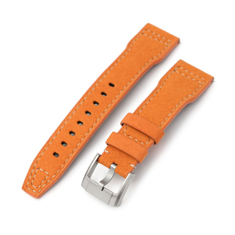 Orange Alcantara Fabric Quick Release Watch Band, Beige Stitch.