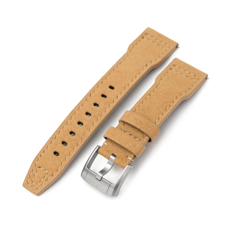 Khaki Alcantara Fabric Quick Release Watch Band, Beige Stitch.