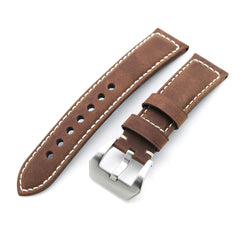 MiLTAT 24mm Mud Brown Nubuck Leather Watch Strap, Beige Stitching