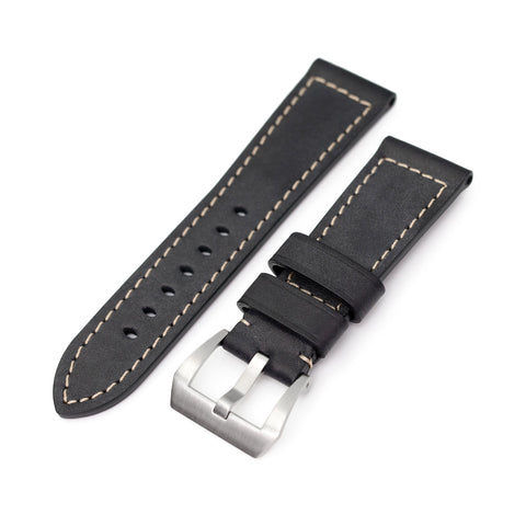 Pam Collection, Black French Crafted Barenia Leather Strap for Panerai, Beige Stitch.