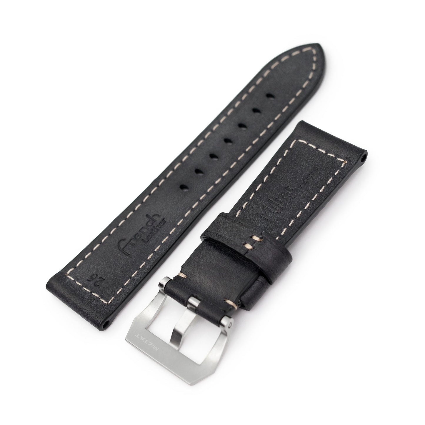 Pam Collection, Black French Crafted Barenia Leather Watch Strap for Panerai, Beige Stitching