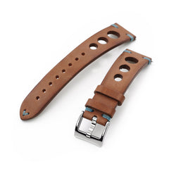 Q.R. 22mm Brown Leather Italian Handmade Racer Watch Band, Blue St.