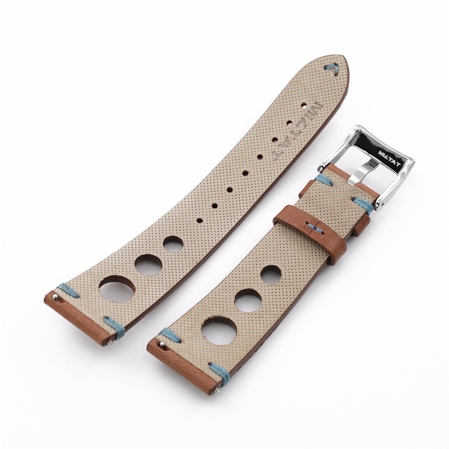 Q.R. 22mm Brown Leather Italian Handmade Racer Watch Band, Blue St.