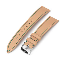 Q.R. 20mm Beige Tapered Leather Watch Band, Forest Green Stitching + Zermatt