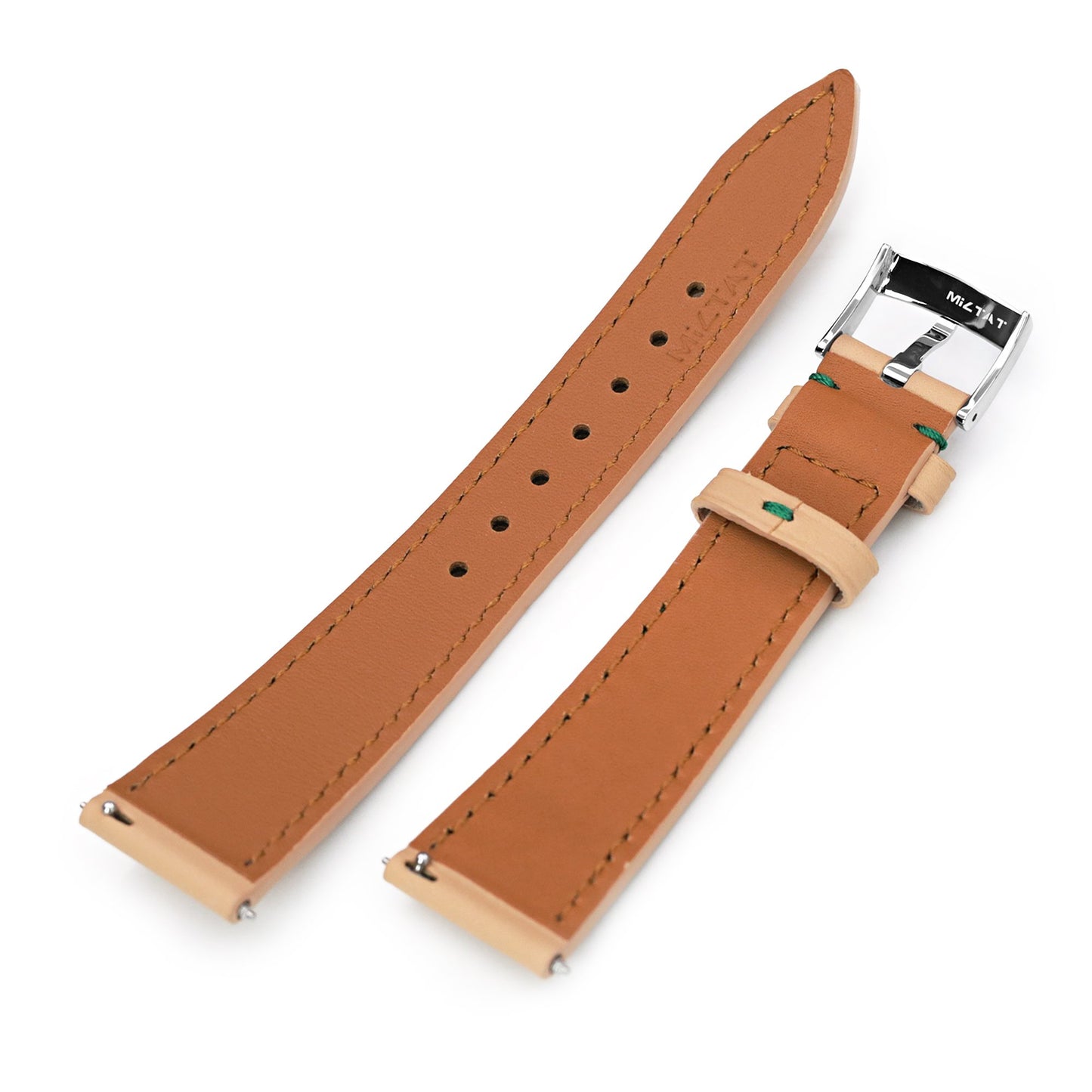 Q.R. 20mm Beige Tapered Leather Watch Band, Forest Green Stitching + Zermatt