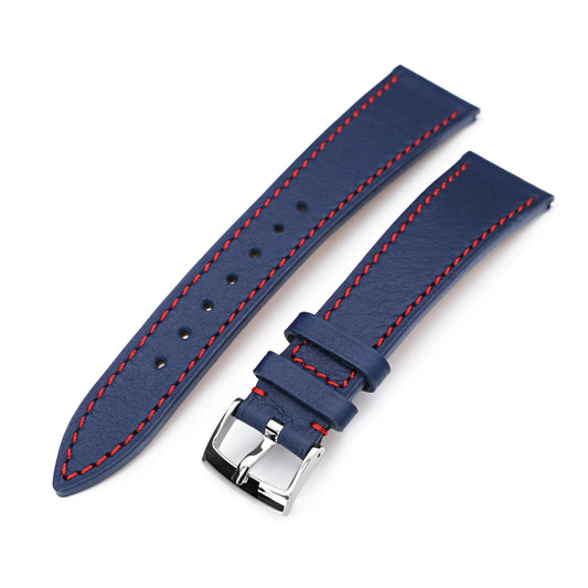 Q.R. 19mm, 20mm or 22mm Blue Tapered Leather Watch Band, Red Stitching + Zermatt