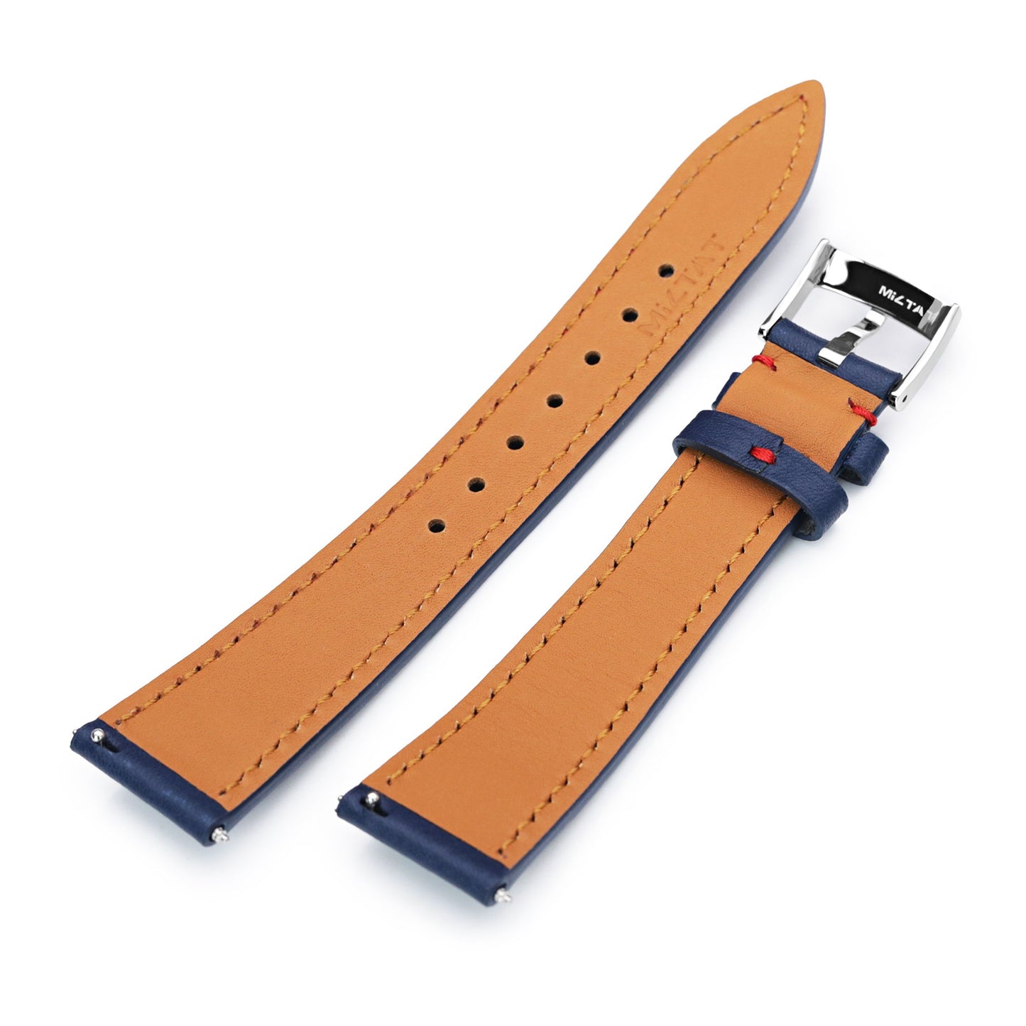 Q.R. 19mm, 20mm or 22mm Blue Tapered Leather Watch Band, Red Stitching + Zermatt