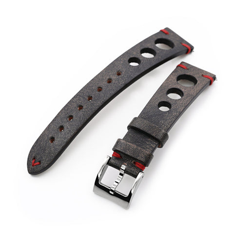 Q.R. 20mm Blackish Brown Leather Italian Handmade Racer strap, Red St.
