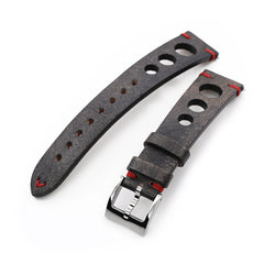 Q.R. 19mm or 20mm Blackish Brown Leather Italian Handmade Racer Watch Band, Red Stitch.