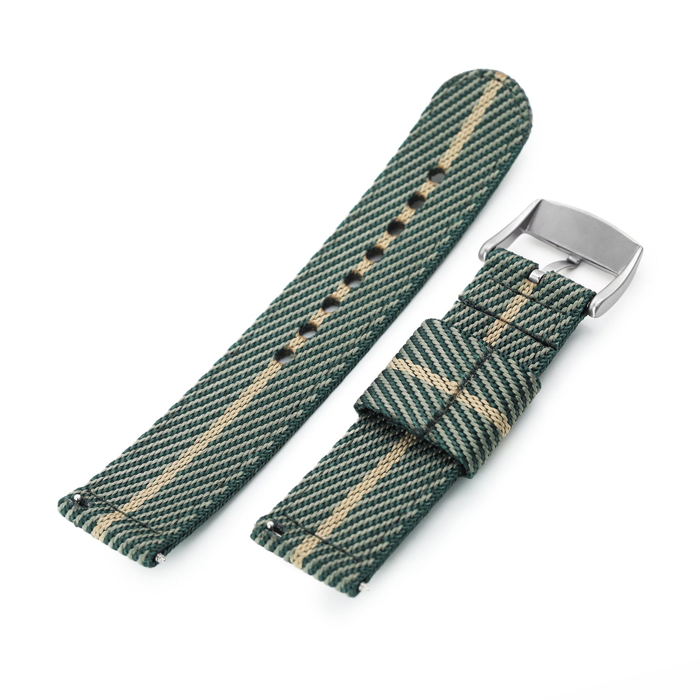 22mm 2-pcs Nylon Watch Band, Quick Release, Green & Khaki, Brushed Buckle