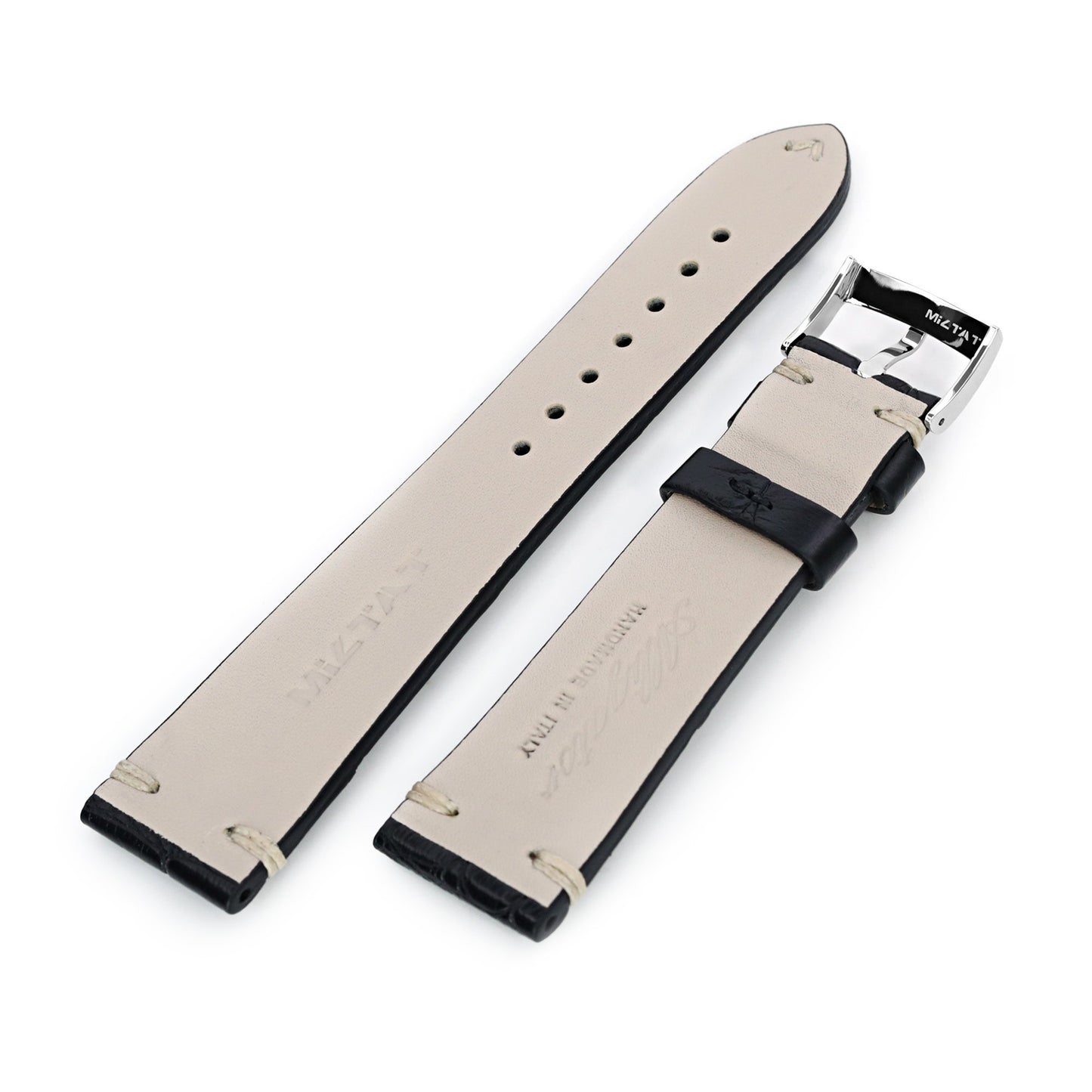 Black Italian Handmade Hornback Alligator Watch Band, Beige Stitching, P Buckle, 20mm or 22mm