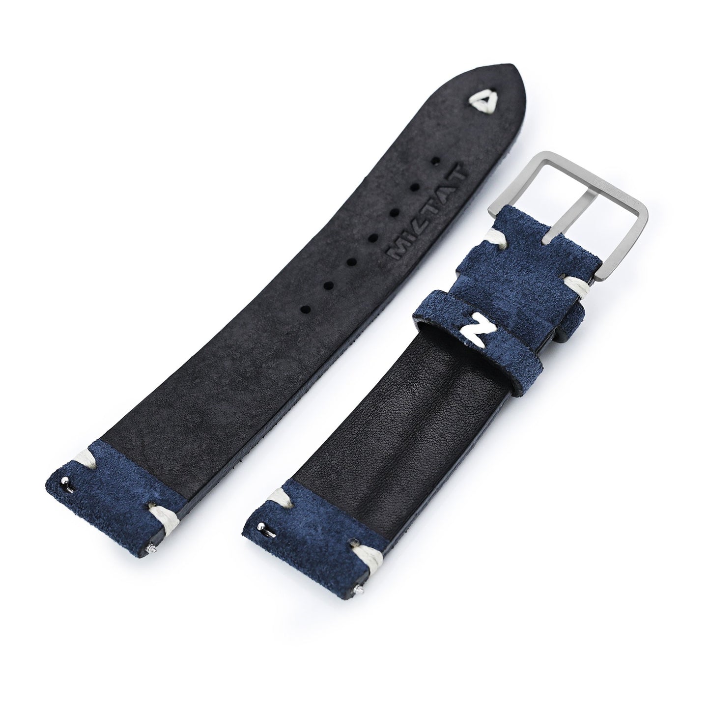 Navy Blue 19mm, 20mm, 21mm, 22mm MiLTAT Quick Release Nubuck Leather Watch Strap, Beige Stitching, Sandblasted