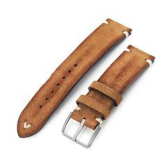 Camel Brown 19mm, 20mm, 21mm, 22mm MiLTAT Quick Release Nubuck Leather Watch Strap, Beige Stitching, Sandblasted