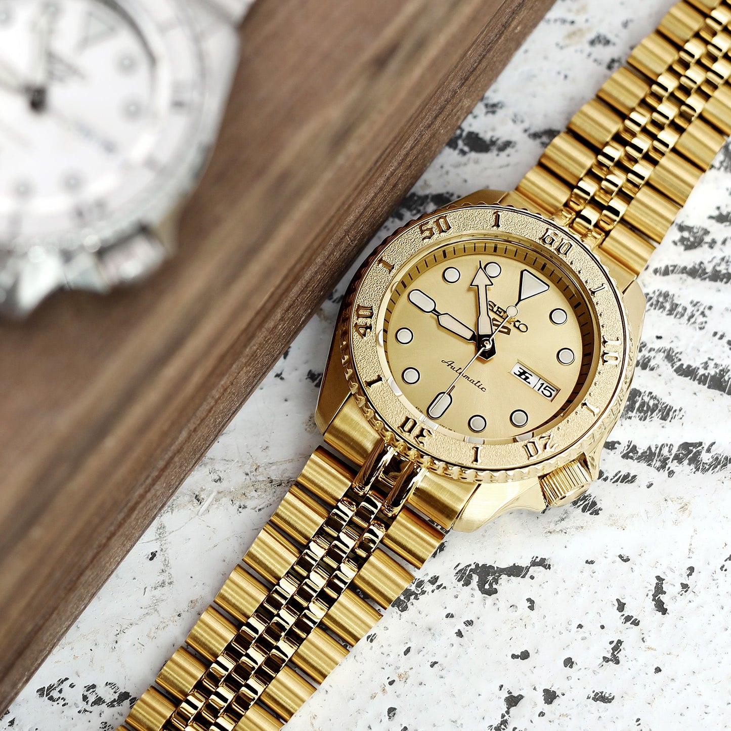22mm Super-J Louis 316L Stainless Steel Watch Bracelet for Seiko 5 Full IP Gold with Polished Center SUB Clasp Taikonaut Watch Bands