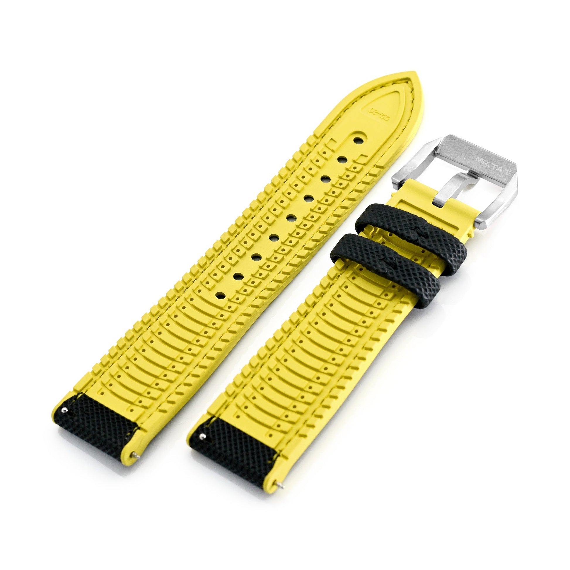 FKM38 Black on Yellow FKM Quick Release Rubber Watch Band, Brushed, 20mm or 22mm