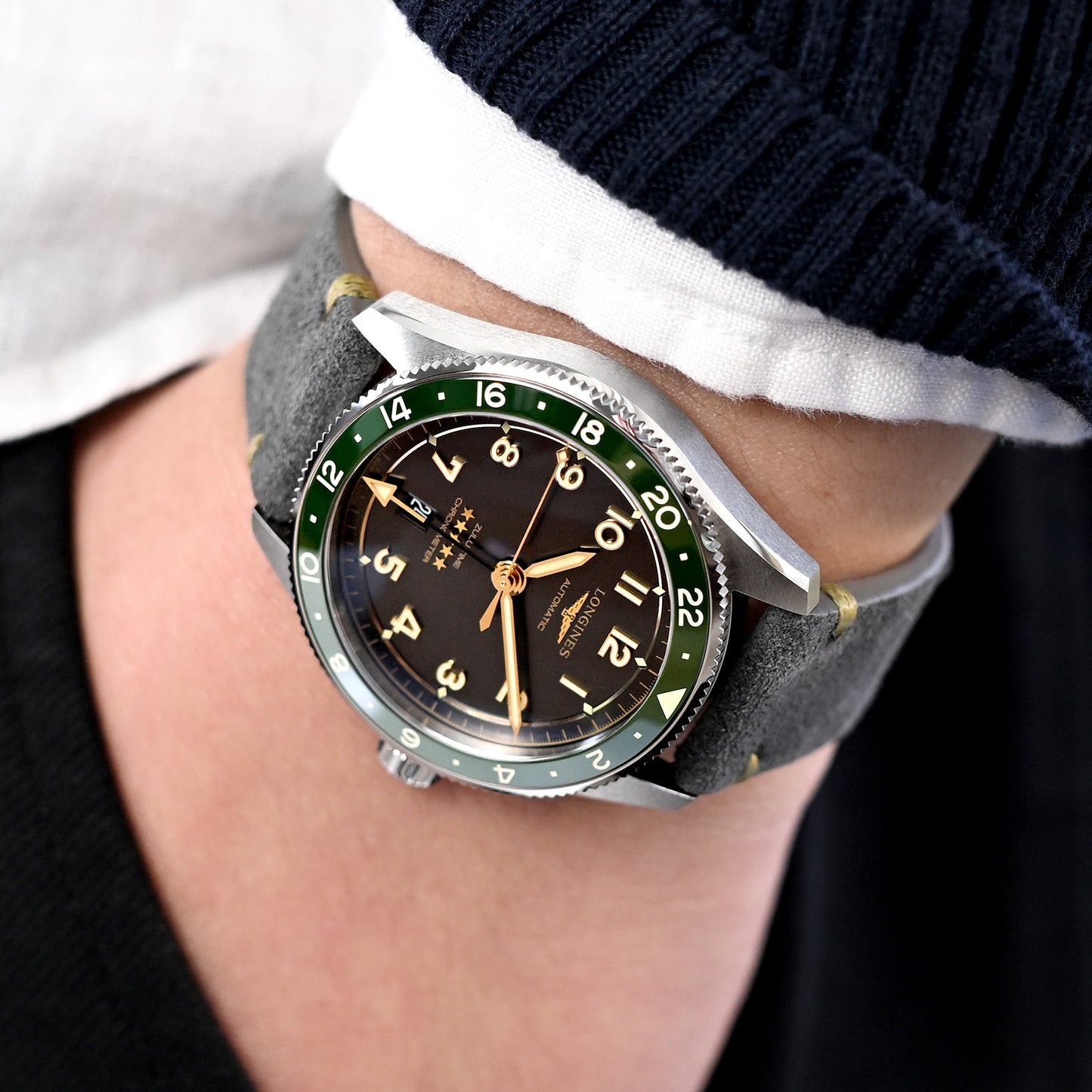 22mm Grey Quick Release Italian Suede Leather Strap, Military Green St.