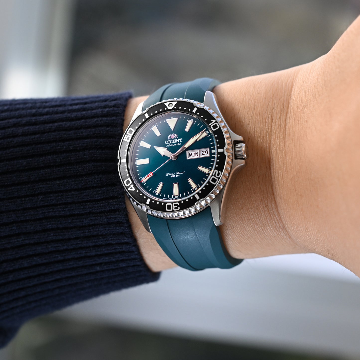 Q.R. Green Wheels FKM Watch Band for Orient Kamasu