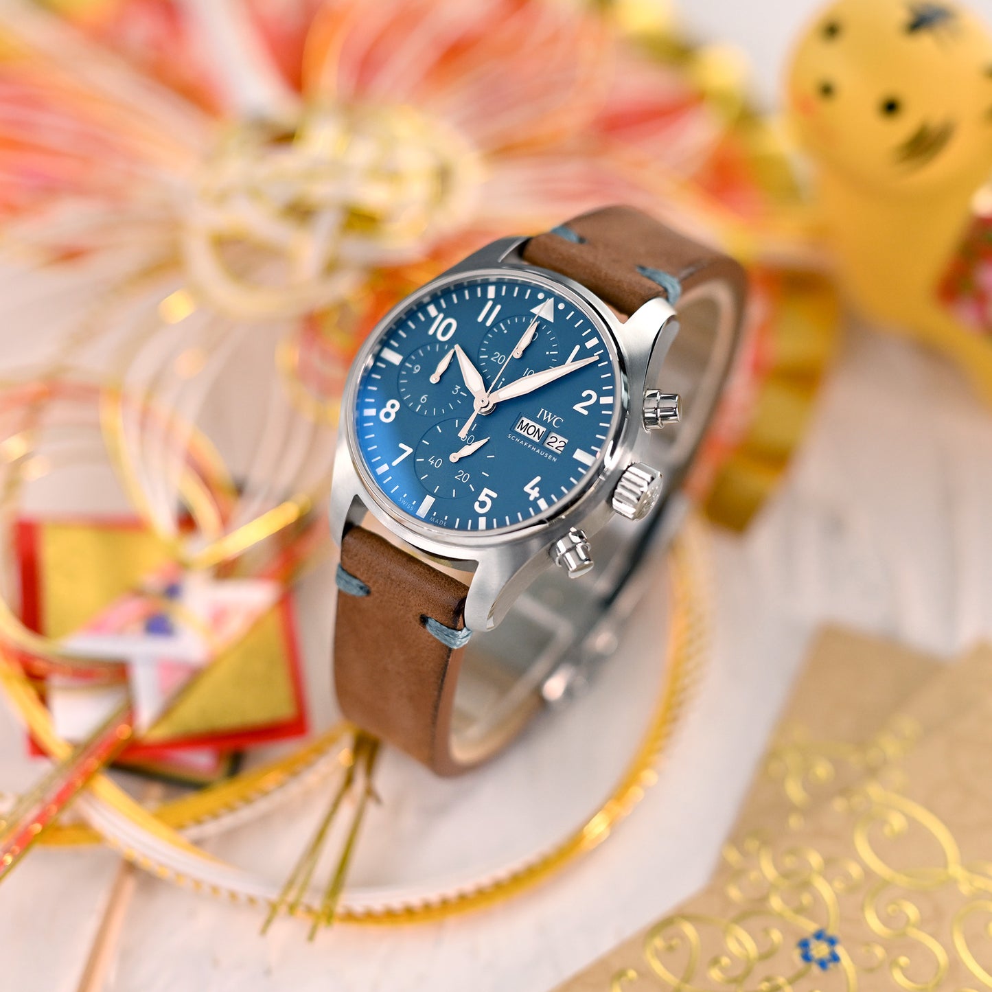 Q.R. 20mm Italian Handmade Brown Horse Leather Watch Band, One-piece V-clasp, Blue St.