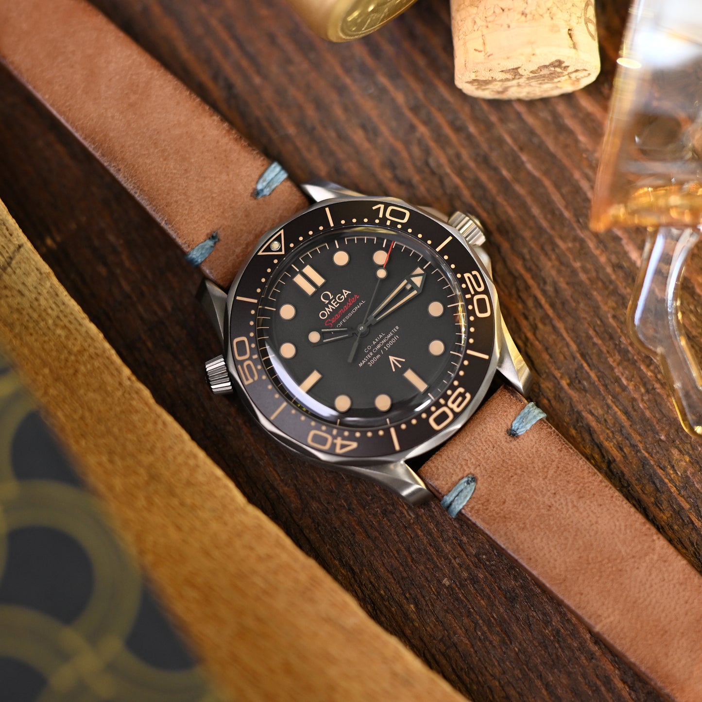 Q.R. 20mm Italian Handmade Brown Horse Leather Watch Band, One-piece V-clasp, Blue St.