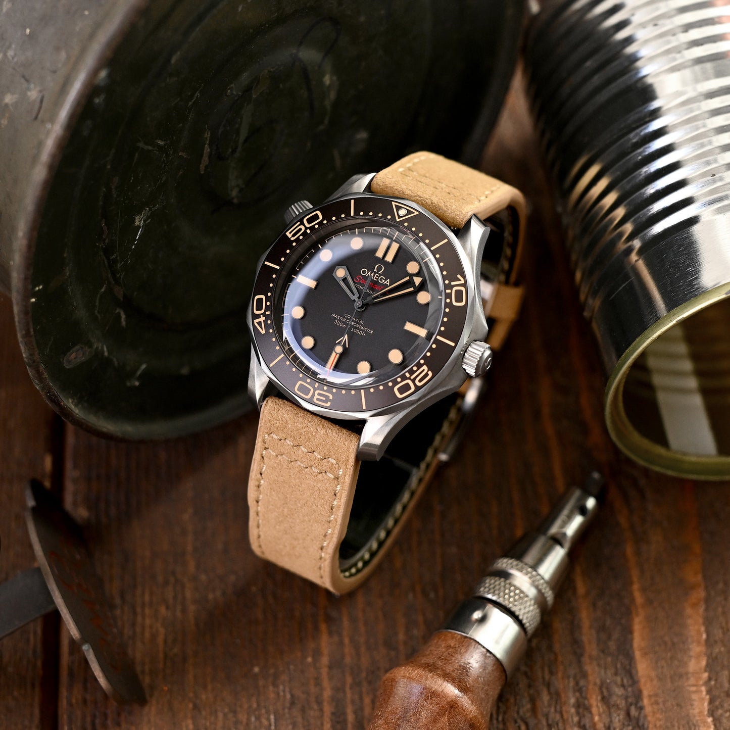 Khaki Alcantara Fabric Quick Release Watch Band, Beige Stitch.