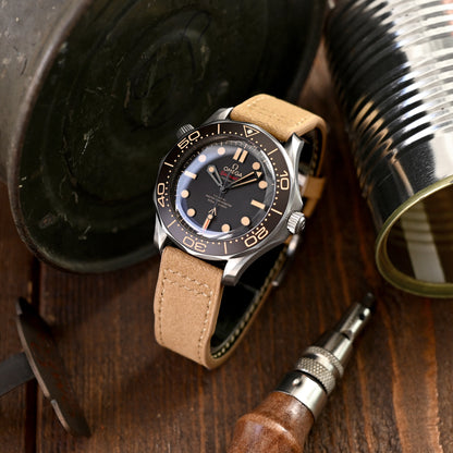 Khaki Alcantara Fabric Quick Release Watch Band, Beige Stitch.