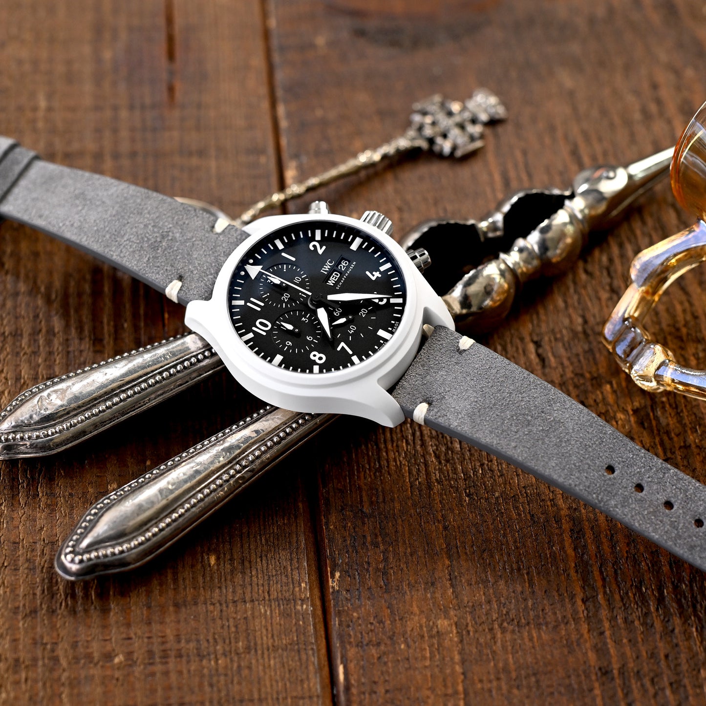 MiLTAT Q.R. Grey Suede Suede Leather Watch Band, Beige Stitch.
