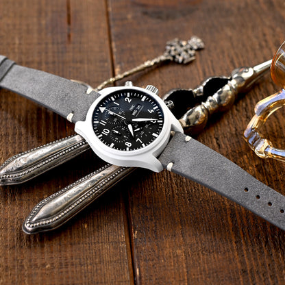 MiLTAT Q.R. Grey Suede Suede Leather Watch Band, Beige Stitch.