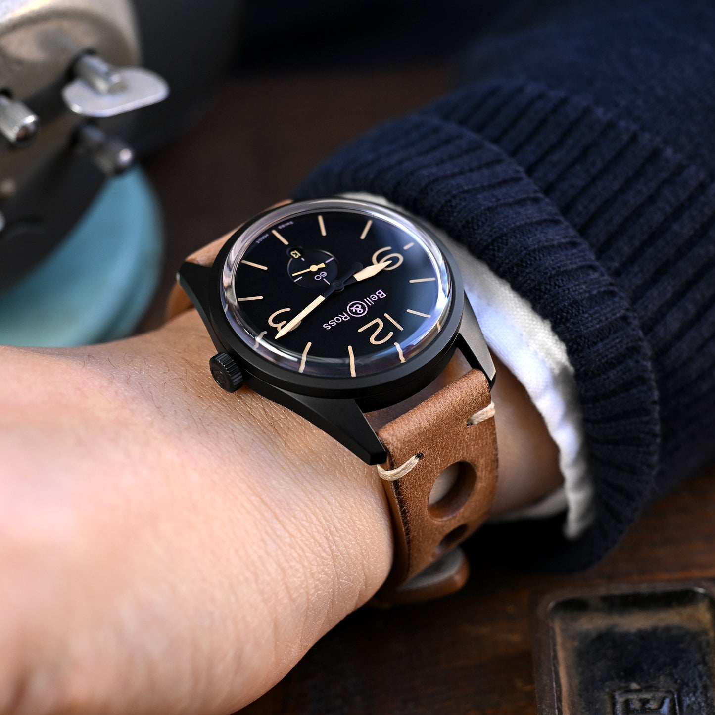 Q.R. 22mm Brown Leather Italian Handmade Racer strap, Beige St.